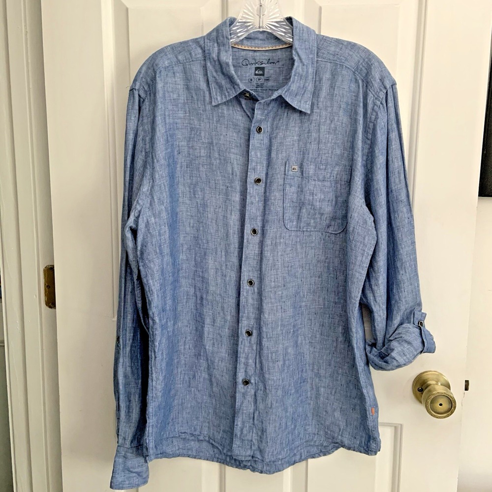 Quicksilver Linen Button Up Shirt roll tab Long Sleeve Blue Chambray w pocket Sm
